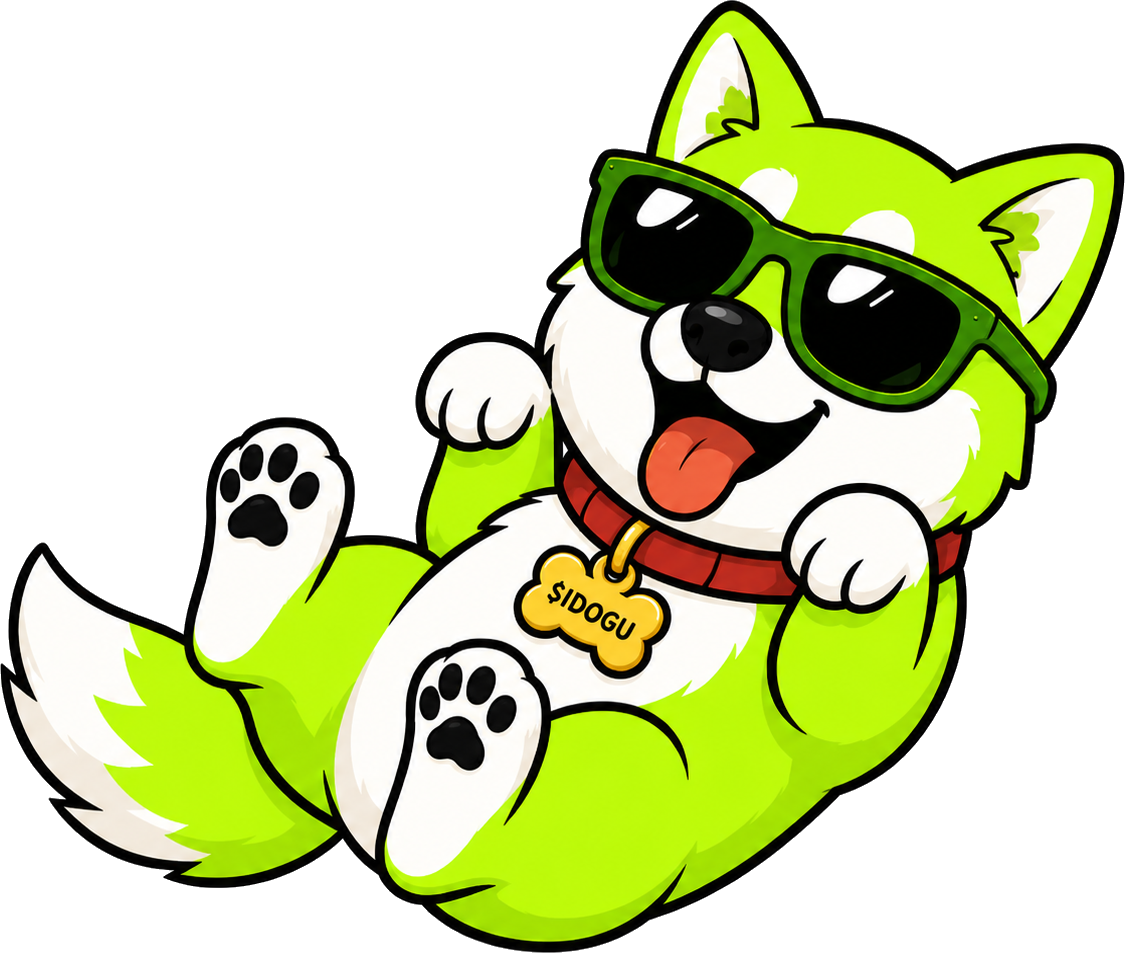 I Dog U mascot lying on his back with paws up