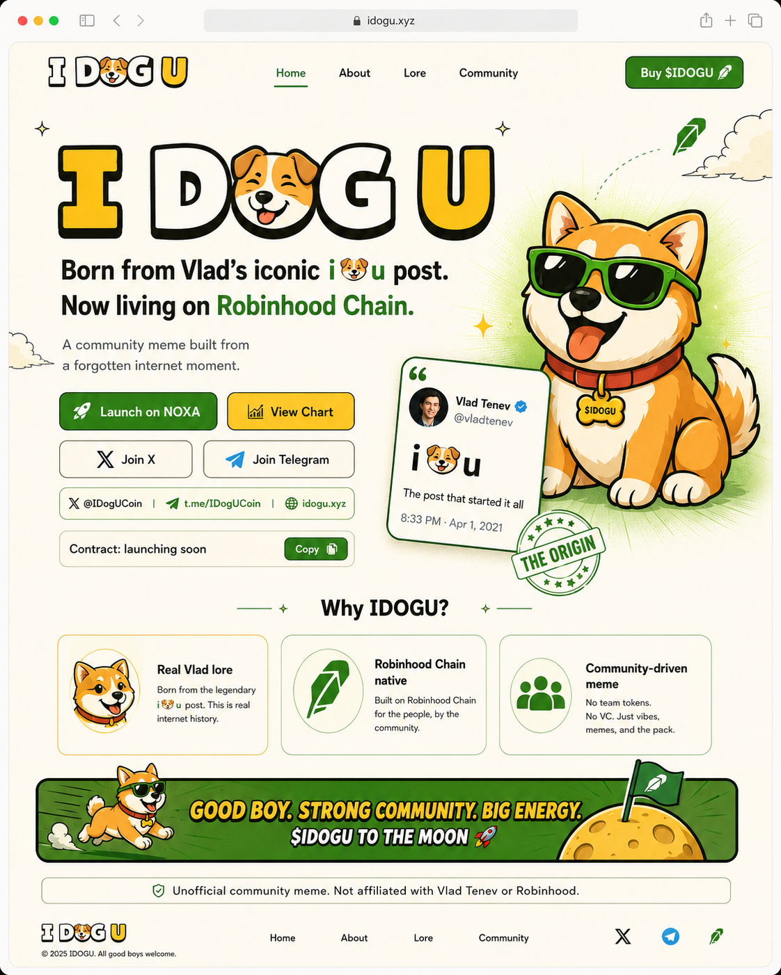 I Dog U website with mascot, Vlad lore, community links, and launch information