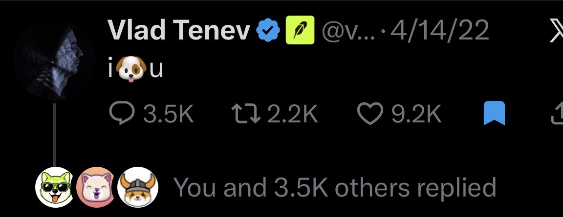 Screenshot of Vlad Tenev's original i dog u post on X from April 14, 2022